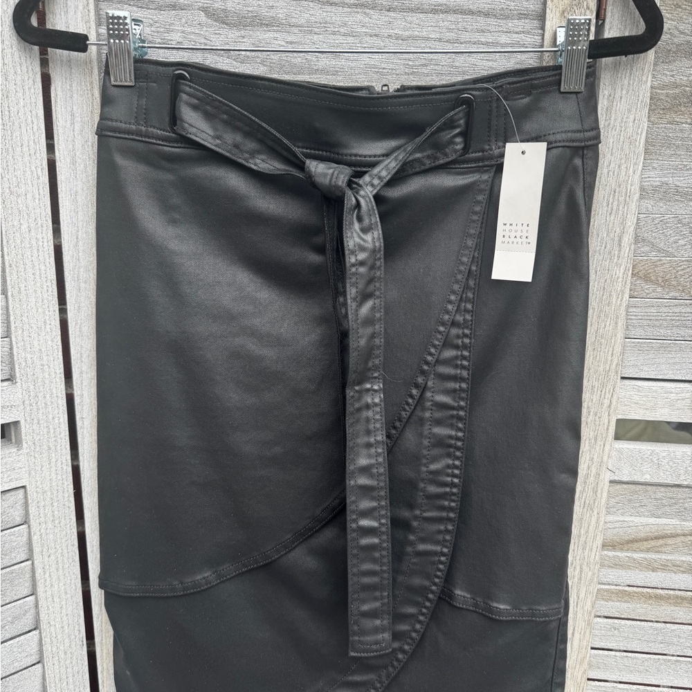 NWT WHBM Black Faux Leather Coated Wrap Mini Skirt Sz 00 Mob Wife Office Siren